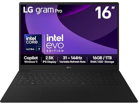 LG gram Pro 16Z90TP - 16 Inch 2.5K IPS 144Hz VRR, Ultra-Lightweight Laptop, Intel Core Ultra 7 255H - EVO Edition, 16GB RAM, 1TB SSD, Windows 11 Home, gram Hybrid AI, Copilot, Black (2025)