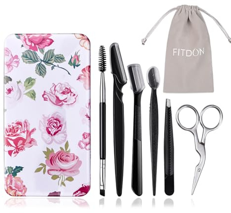 FITDON Eyebrow Grooming Set, Eyebrow Tweezers & Curved Brow Scissors & 3PCS Brow Razors Trimmer & Eyebrow Brush with Spoolie