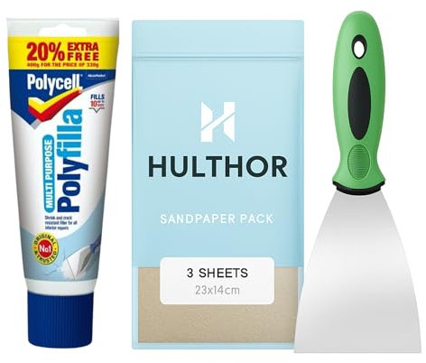 Polyfilla Ready Mixed Filler Bundle – Multi Purpose White Wall & Wood Filler Kit for Holes, Cracks & Repairs – Quick Drying Interior Filler with 3” Filling Knife & Hulthor Sandpaper – Smooth Finish