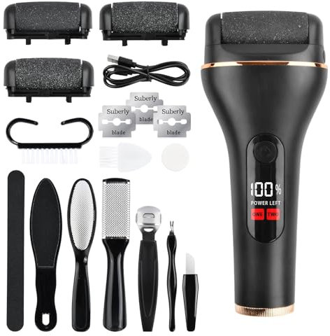 Focenat Pedicure Elettrico, Calli Piedi Rimozione con 3 Rullo, Lima per Piedi Elettrica 2 Velocità, IPX7 Impermeabile, Kit Pedicure Elettrico Professionale per Eliminare Pelle Morta, Calli (Nero)