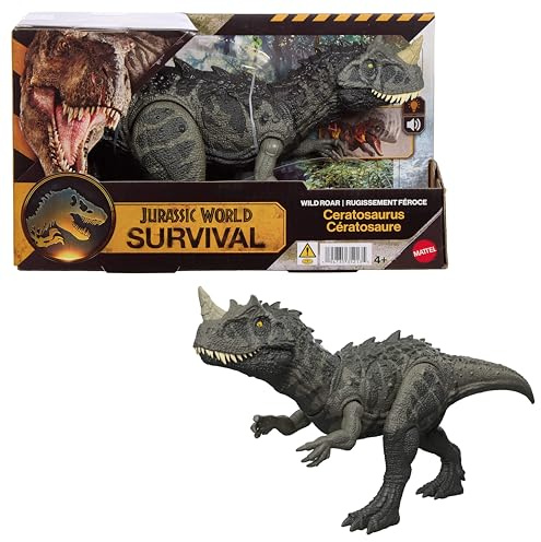 Mattel Jurassic World Rugido Salvaje Figuras de Dinosaurio con Ataque de mordisco en múltiples direcciones y Sonido, Juguete articulado, Juego Digital (Las Especies Pueden Variar), JKL77