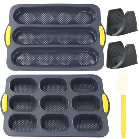 Aohyue 2 Stück Brötchen Backform Set, Baguette Backform, Silikon Backformen für Brötchen und Baguette, Backblech mit 2 Isolationshandclip und 1 Silikonschaber, für Muffins, Brot
