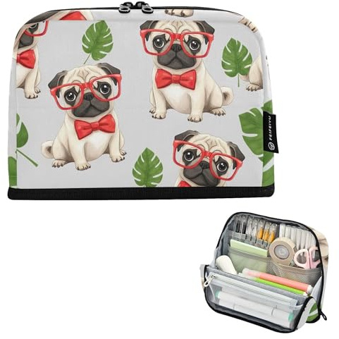 Trousse à crayons de rangement Adorable carlin avec liens rouges - Grande trousse à fermeture éclair pour filles et salle de classe - Papeterie graphique - Organiseur pour enfants - Fournitures