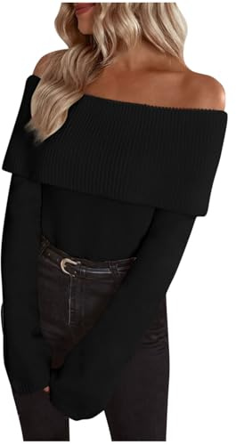 NSICBMNO Black Knitted Jumpers for Women Off Shoulder Tops Ribbed Knit Sweater Cashmere Jumpers Ladies Long Sleeve Tunic Tops Pullover Slim Fit Jumper Elegant Bardot Top Sexy Going Out Blouse Shirt