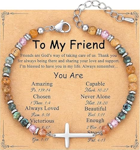 Women's Cross Friendship Bracelet – Colourful Gemstone Christian Birthday Gifts, Friend Gifts for Easter, Graduation, Christmas