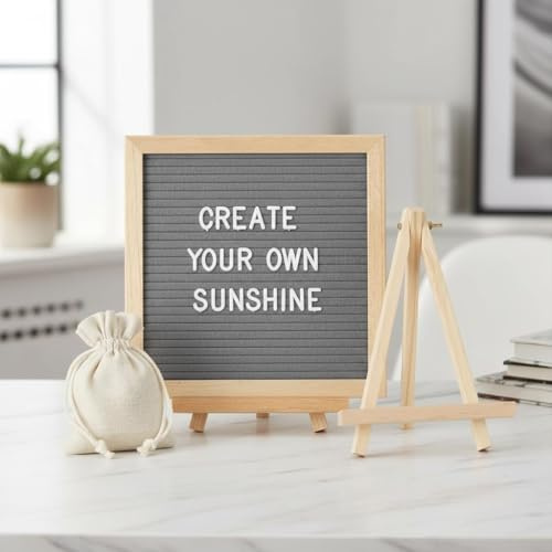 Tavola per lettere in rovere e feltro, 25 x 25 cm, in legno, con 350 lettere, cavalletto e sacchetto, lettere scanalate, per casa, ufficio, decorazione eventi