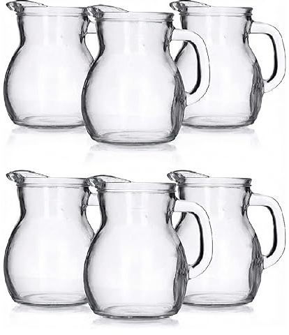 Set 6 Brocche in Vetro Trasparente 1 Litro caraffa con Taratura MID Uso Domestico e Professionale Lavabili in Lavastoviglie per Bevande succhi vino da tavola e buffet