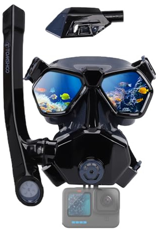 TOMSHOO Set Maschera Snorkeling Integrale Adulti, Vista Panoramica 180°, Anti-Appannamento, Anti-Perdita, Supporto Action Cam, Vetro Temperato