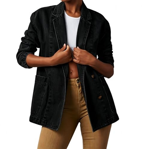 Generisk vintage jeansblazer för kvinnor med fallande , oversize-snitt, långa ärmar och lös passform samt stora påsydda fickor, svart, XL