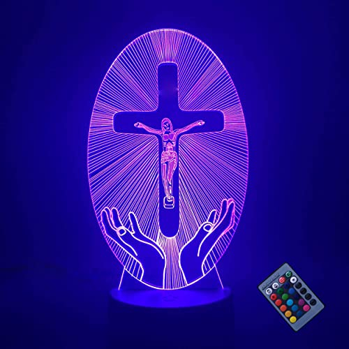 Illusione Ottica 3D Gesù croce Luce Notturna 16 Colori Mutevoli Telecomando USB Potere Toccare Cambiare Arredamento Lampada LED Lampada da Tavolo Bambini Brithday Natale Regalo