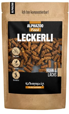 alphazoo Katzen Leckerlies ohne Getreide, Zucker & Zusätze I Trockenfleisch aus Huhn & Lachs I Katzensnacks schonend getrocknet, hoher Fleischanteil