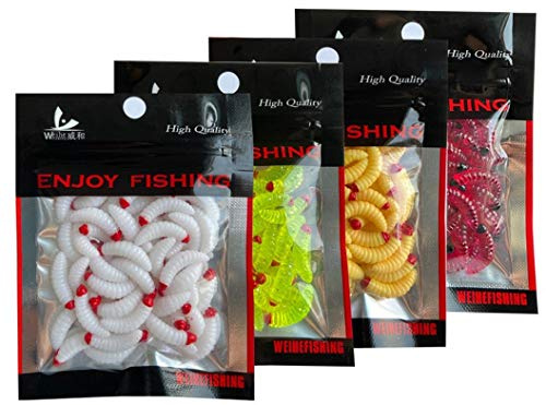 200pcs Maggots Fishing Lures Bread Grub Worm Baits, Artificial Soft Plastic Smell Lifelike Worm Baits for Lake Freshwater Saltwater Ice Outdoor Fishing Gear Accessories, All 4 Colors