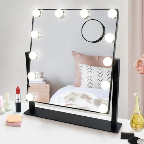 Depuley Spiegel mit Beleuchtung, Hollywood Schminkspiegel mit 3 Farbe Licht Umwandlung, 360° Drehbar, 12 dimmbare Led Licht, schwarz Kosmetikspiegel mit Licht für Schminken Rasieren Schminktisch Bad