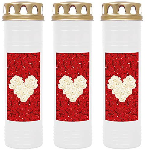 HS Candle Grabkerze Grablicht - 3er Pack - mit Motiv (Rose Herz) - ca 170h / 7 Tage Brenndauer je Kerze (26cm, Ø 7cm) - viele versch. Designs