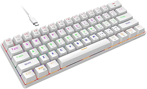 Snpurdiri Tastiera da gioco meccanica cablata al 60%, tastiera a 61 tasti con retroilluminazione RGB e doppio piede, colore bianco ultra compatto