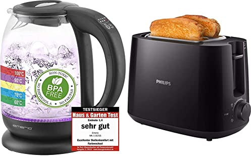 Emerio WK-119255 TESTSIEGER Haus & Garten Test 02/2019, Glas Wasserkocher mit Temperaturwahl 2200 Watt, Edelstahl, 1.7 liters & Philips HD2581/90 Toaster, 8 Bräunungsstufen, schwarz