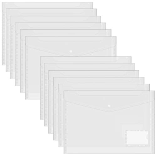 FYY Dokumententaschen A4,Klarsichthülle A4 Dokumentenmappe mit Etikettentasche,Druckknopf Sichttasche A4 Transparent, Dokument Organisieren für Datei,Papier,Quittungen,Hausaufgaben, Schulbüro,12 Stück