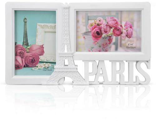 Cyrank Marco de Fotos Doble de la Torre Eiffel, Marco de Fotos Doble de Plástico 4x6, doble Marco de fotos en horizontal y vertical, 2 Escritorio Decorar Fotos Marcos para el Ministerio del Interior