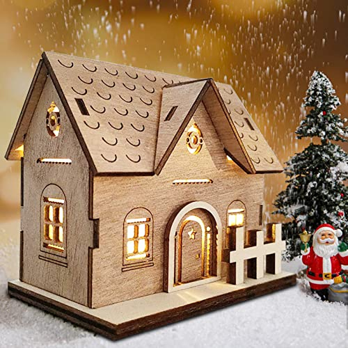 Weihnachtsdeko Holz Haus mit LED Leucht Beleuchtet,DIY Weihnachtsdorf Häuser Winterdorf Weihnachtlicher Zierschmuck Tischdeko Miniatur Haus Deko Weihnachtsartikel Weihnachtsschmuck (01)
