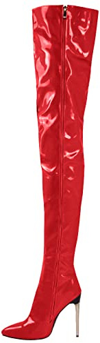 CRETUAO Cuissardes pour Femmes, Dames Talon Aiguille Cuir Chaussures à Talons Cuissardes sur Les Bottes au Genou pour Femmes,Rouge,38 EU