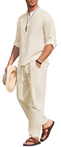 COOFANDY Herren 2 Stück Baumwolle Leinen Set Langarm Henley Shirts Casual Strand Hosen Mit Taschen Sommer Yoga Outfits, Beige, Large