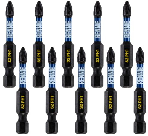 Rennie Tools PH1 Schlagschrauber-Bitset, 50 mm lang, magnetisch, Kreuzschlitz, Nr. 1, Schlagschrauber-Bit-Set, PH1-Bits, Sechskantschaft, Kreuzkopf, Schwarz Oxidbeschichtet, 10 Stück