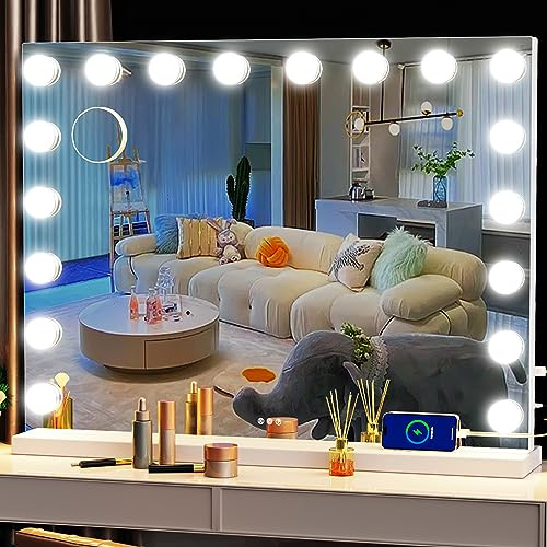 Gvnkvn Vanity Mirror with Lights, 32 x 24 Tabletop Hollyhood Makeup Mirror, Hollywood Lighted Mirror with 18 Dimmable LED Bulbs,3 Colors Modes,Touch Control,Metal Frame,