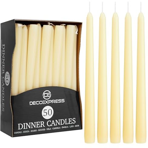 DECO EXPRESS Candles Set Classic Dripless Tapered Metallic Unscented 8H Burning Time, Decorative Dinner Candles for Restaurant Home Christmas (Ivory, 50 Pack)