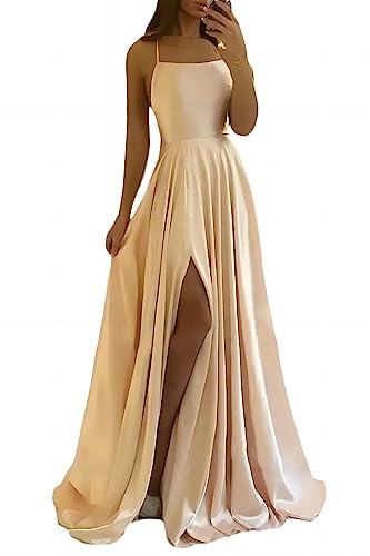 xxxiticat Elegant lång balklänning för kvinnor, satin, A-linje, bröllopsklänning, aftonklänning, sexig halterneck, spaghettiband, brudklänning, prinsess-/brudtärneklänning
