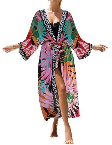 Bsubseach Kimono Cardigans para Mujer Traje de baño Cubierta Casual Verano Plumífero Frente Abierto Cubierta de Playa Estampado de Hoja Colorida