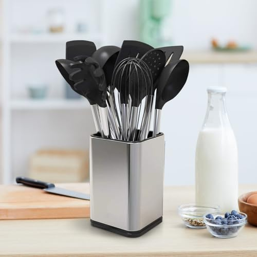 LIFEDYLUK Küchenutensilienhalter, Behälter für Küchenutensilien aus Edelstahl, Küchenutensilienständer mit Abfluss, Küchenutensilien-Organizer, Abnehmbares Abtropfbrett für die Küche (Silber)