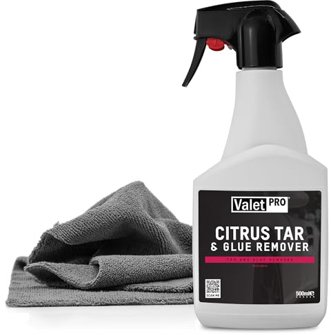 autopflege Autolack Klebstoff- & Teerentferner Set | ValetPRO Citrus Tar & Glue Remover 500 ml + Mikrofasertuch | Entfernt Kleberückstände Teer Baumharz von harten und lackierten Oberflächen am Auto