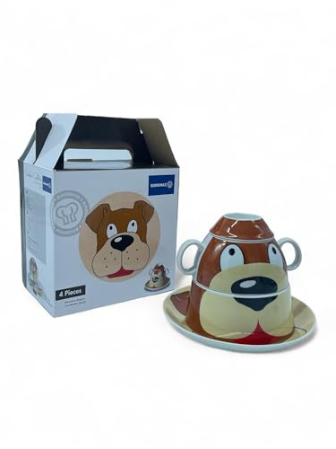 Vienberg 4-delad barnservis porslin frukost set | hundfigurmotiv | tallrik kopp skål ägghållare, stapelbar, tillverkad i EU
