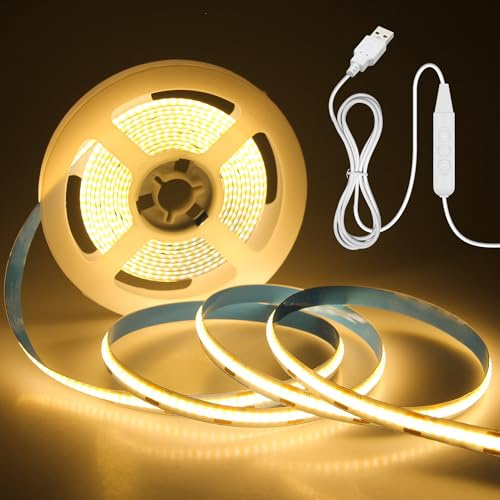 Aclorol 3M COB LED Strip Light Warm White 3000K 5V USB Flexible LED Light Strip 8mm Width Dimmable CRI85+ Dotless Tape Light High Density 320LEDs/M for Bedroom Kitchen Under Cabinet Home Decor
