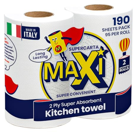 Maxi Supercarta Asciugamani di carta da cucina a 2 veli, 190 fogli, 95 per rotolo, confezione da 2, altamente assorbente, morbida, goffrata e stampata, fogli extra large da 210 x 216 mm