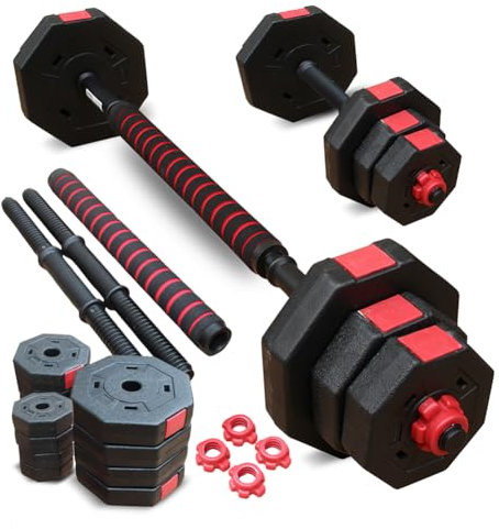 SPORTINATOR Curls 2-in-1 Kurz + Langhantel 20 kg Set | Gusseisen Hanteln mit rutschfestem Griff | Verbindungsstange für schnelles Wechseln | für Krafttraining & Muskelaufbau (Schwarz/Rot 20 kg)
