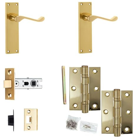 Door Handle & Latch Set Polished Brass Sculpted Lever Latch Long Backplate
