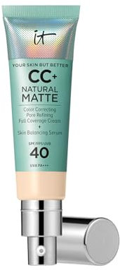 IT COSMETICS, CC+ Crème Natural Matte SPF 40, Haute Couvance et Contrôle de Brillance, Peaux Mixtes à Grasses, Avec Sérum Équilibrant à l'Acide Hyaluronique, Your Skin But Better, Fair Warm, 32 ml