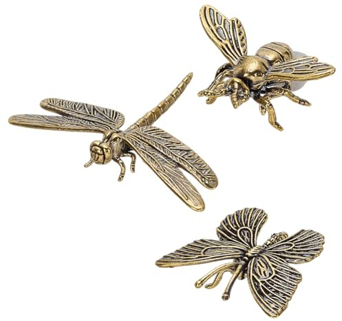 WEBEEDY Figurines en Laiton 3 Styles Papillon Dragonfly Abeille Doré Figurines Animales Mini Statues Animales en Laiton Insectes Décoratifs Table D'Ordinateur Décoration Maison