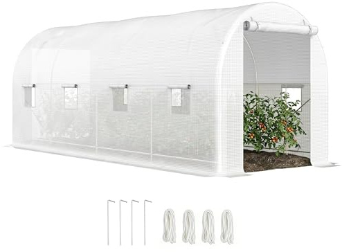Outsunny Invernadero de Túnel 500x200x205 cm Invernadero de Jardín con Puerta Enrollable y 8 Ventanas Cubierta PE 140 g/m² Marco de Metal para Cultivo Plantas Verduras Blanco