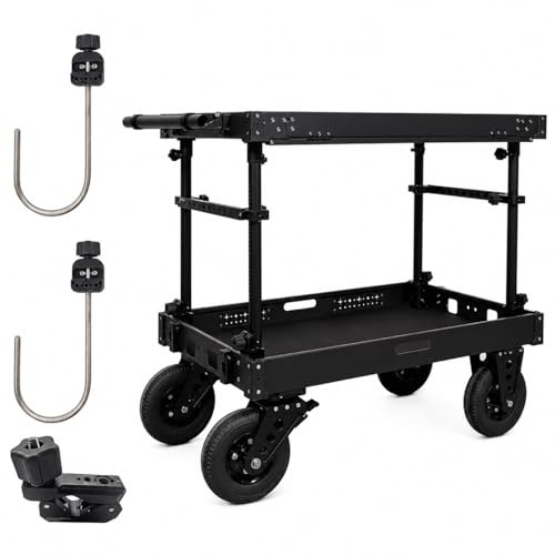 DF DIGITALFOTO Video Camera Cart – Professionelle Mobile Workstation mit Rod-Clamps & 2 Haken, 300 kg Tragkraft, 8 Luftreifen, werkzeuglos Faltbarer Wagen für DIT & Filmproduktion (Titan Plus)