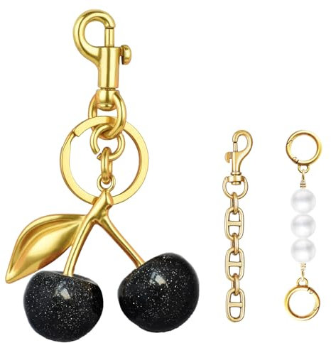 Llavero de cereza, colgante de bolso de cereza, llavero, accesorios, regalos para mujer, colgante para bolso, cadena de extensión para bolso, Cereza Negra-Oro, Talla única