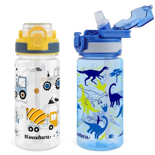 wooshwa Kids Water Bottle for School, 16 Oz Plastic Water Bottle with Silicone Spout and Pop-Up Cover, BPA Free & Dishwasher Safe (Excavator/Dinosaur)