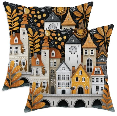Juego de 2 fundas de cojín con diseño de paisaje urbano otoñal, fundas de cojín con temática de pueblo floral negro, decoración cuadrada para el hogar, sofá, cama, 22 x 22 pulgadas