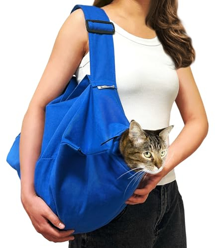 AmKune Cat Carrier Pouch for Medium Cats 10–20 lbs, Soft Cat Carrier with Upgraded Adjustable Strap, Durable Cotton Cat Bag for Nail Trimming, Medication & Vet Visits – Klein Blue