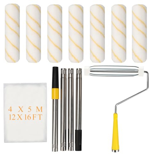 Miosugo Farbroller Set, Farbroller mit Teleskopstange, 4 Segments Extensions Rod, Fassadenroller Set mit 7 Farbwalzen
