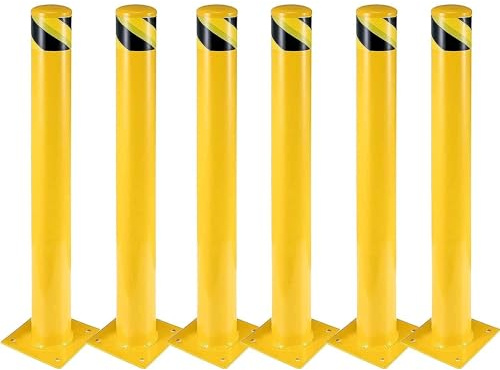6-Pack 48 Inch Steel Safety Bollard Post, 4.5 Inch Diameter Metal Safety Bollard with 24 Anchor Bolts for Driveway Barrier, Parking Pole, Traffic Control