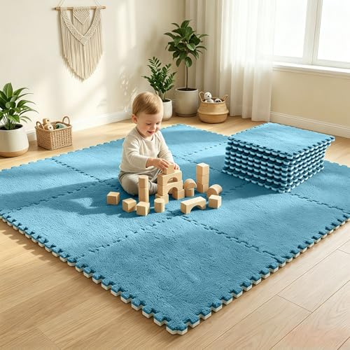 Lot de 12 tapis puzzle emboîtables en peluche, 30 x 30 cm, tapis puzzle en mousse, tapis de sol, tapis puzzle pour bébé, tapis de sol en mousse, pour salon, chambre à coucher, bleu foncé