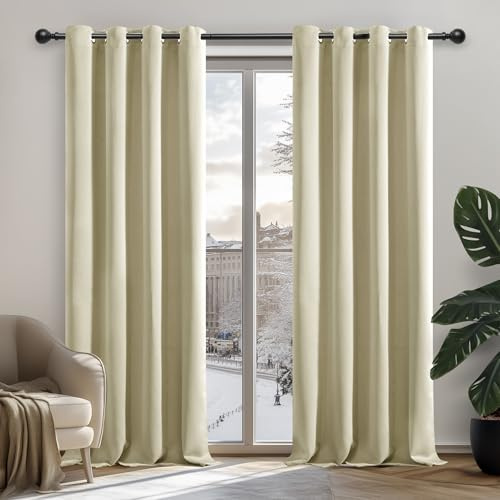 Deconovo Window Treatment Thermal Insulated Room Darkening Curtains Eyelet Curtains for Kitchen 52x 84 Beige 1 PAIR