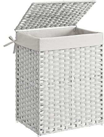 SONGMICS Cestino Portaoggetti, Cesta Portabiancheria da 90L con Coperchio, Pieghevole, Sacco in Tessuto Rimovibile con Manici, Soggiorno Camera da letto Lavanderia, Bianco Neve LCB51WT